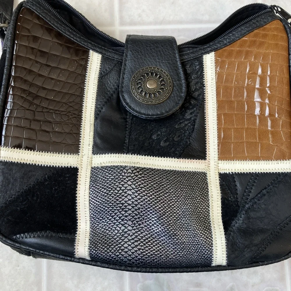 Vintage Northwest Territory Black Genuine Leather Patchwork Purse 1990s‎ Hobo